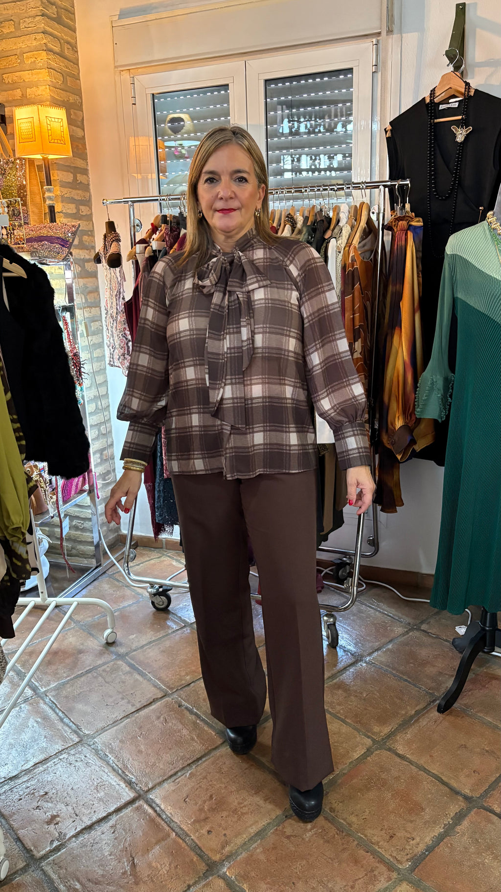 Camisa cuadros beige y marrón