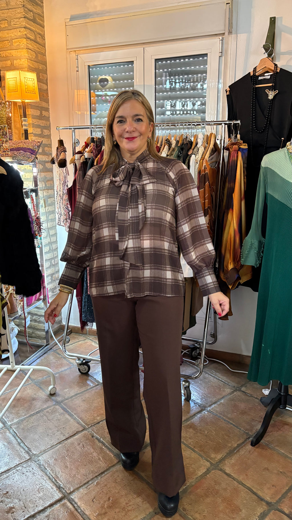 Camisa cuadros beige y marrón