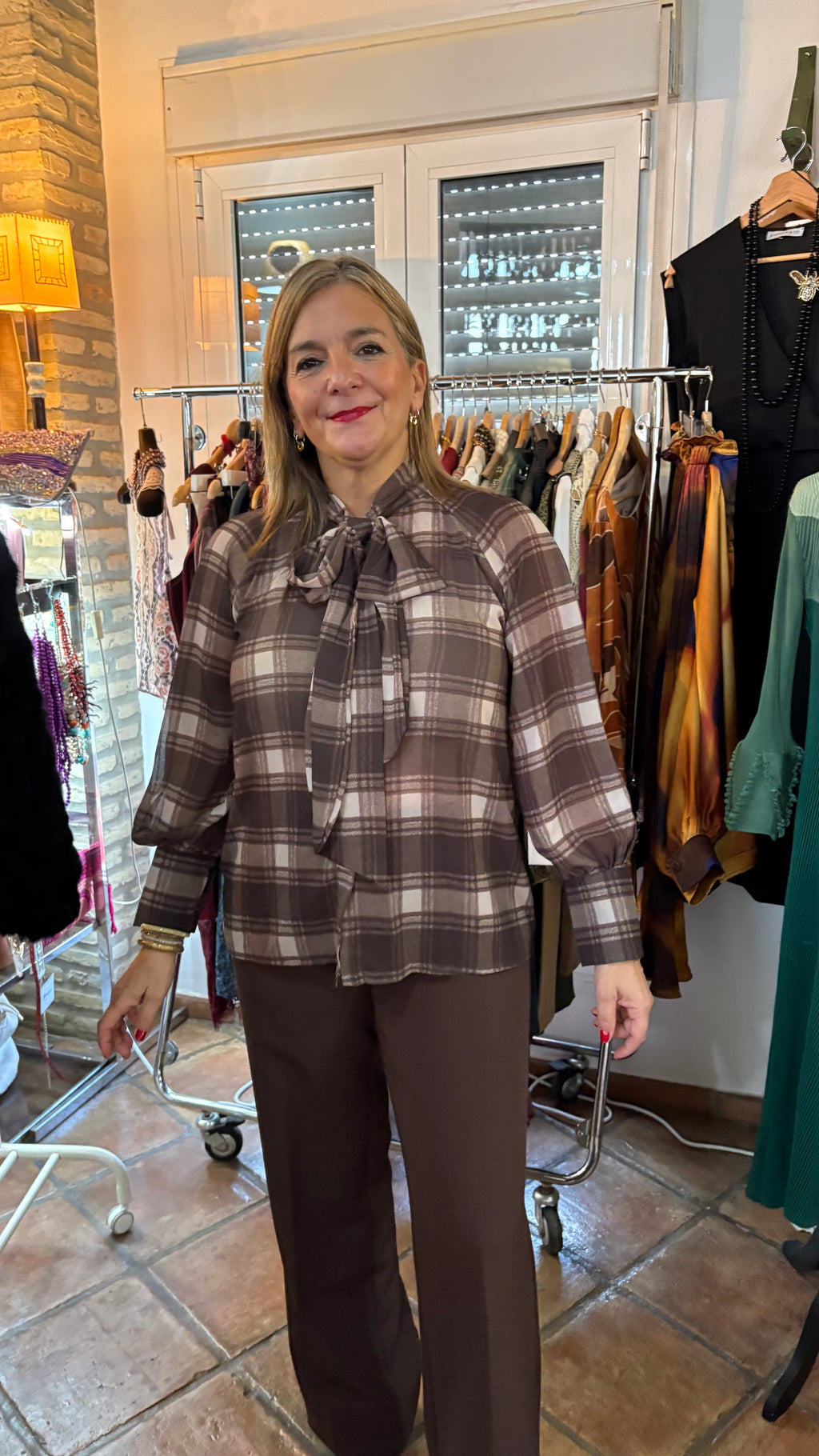 Camisa cuadros beige y marrón