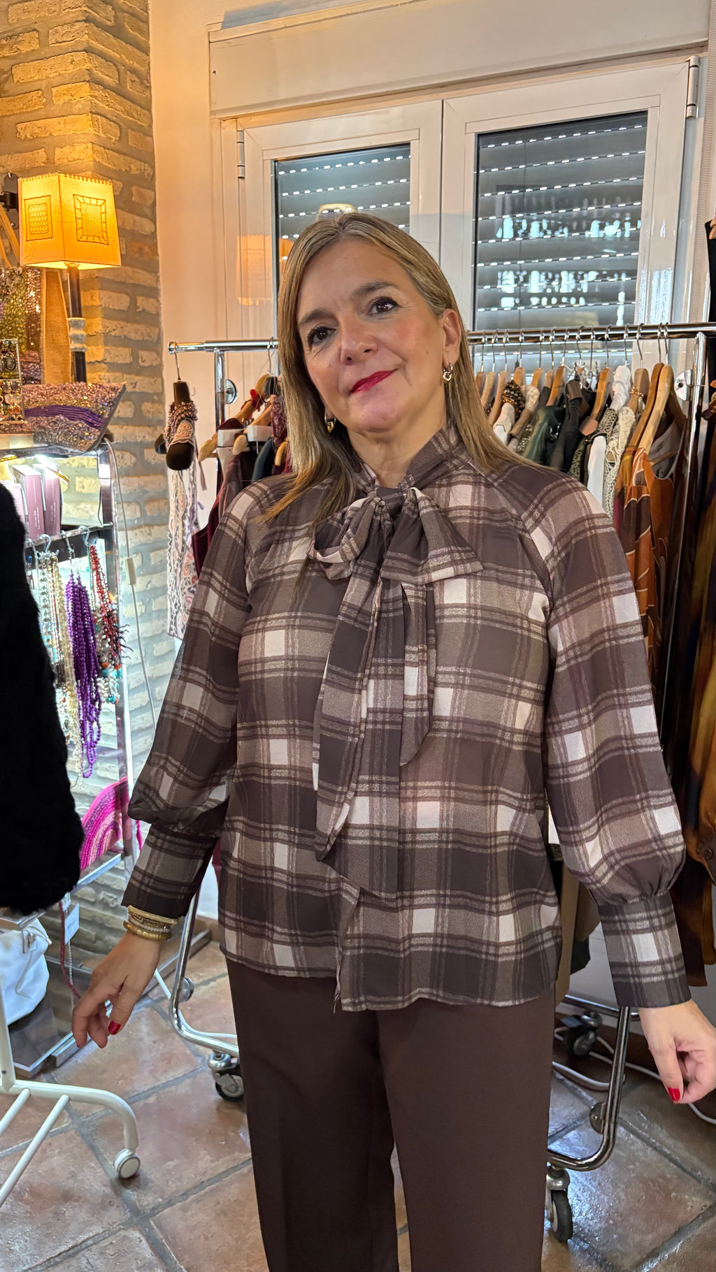 Camisa cuadros beige y marrón