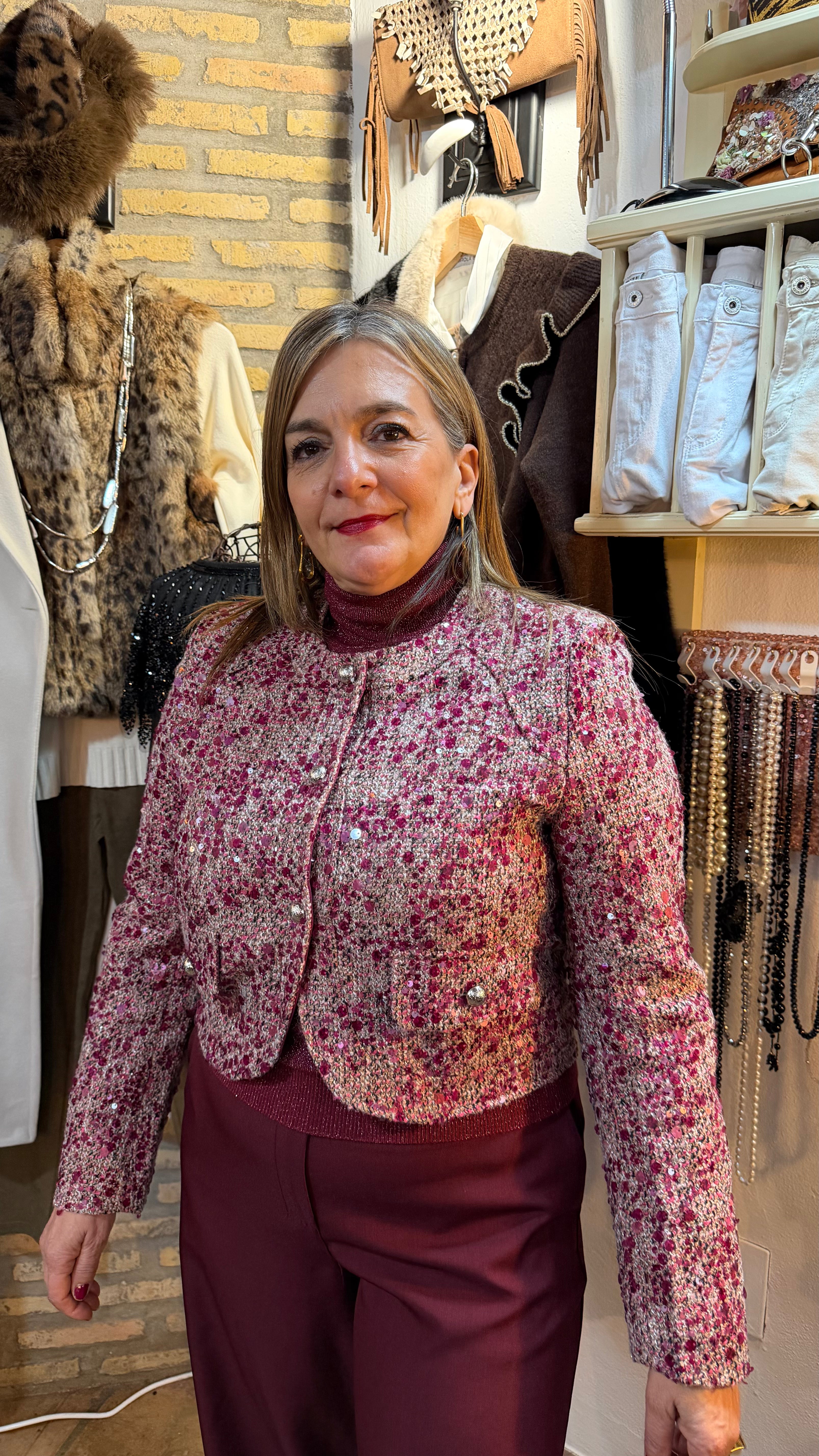 Chaqueta brillos tonos rosados