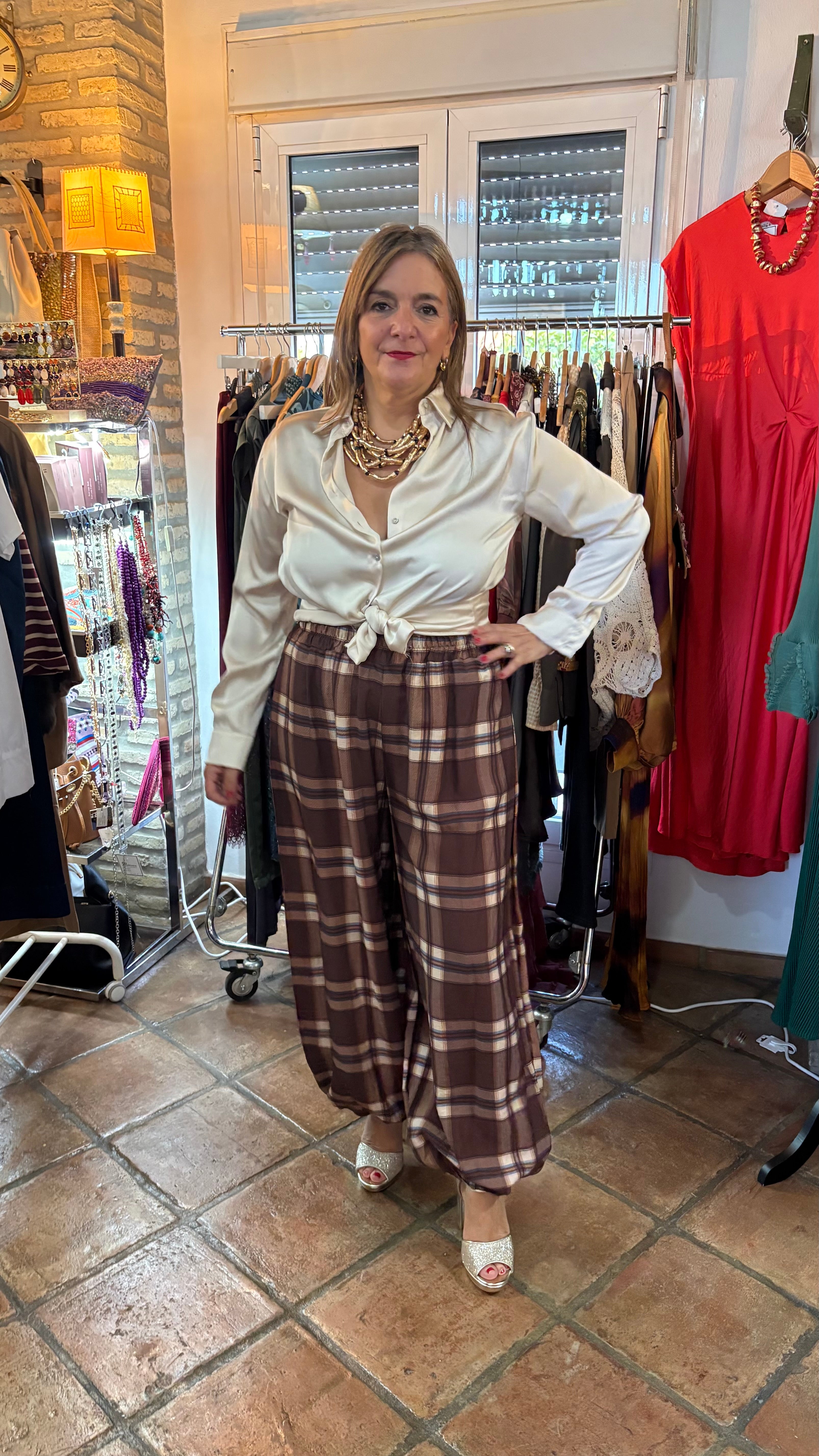 Pantalon globo cuadros  talla unica