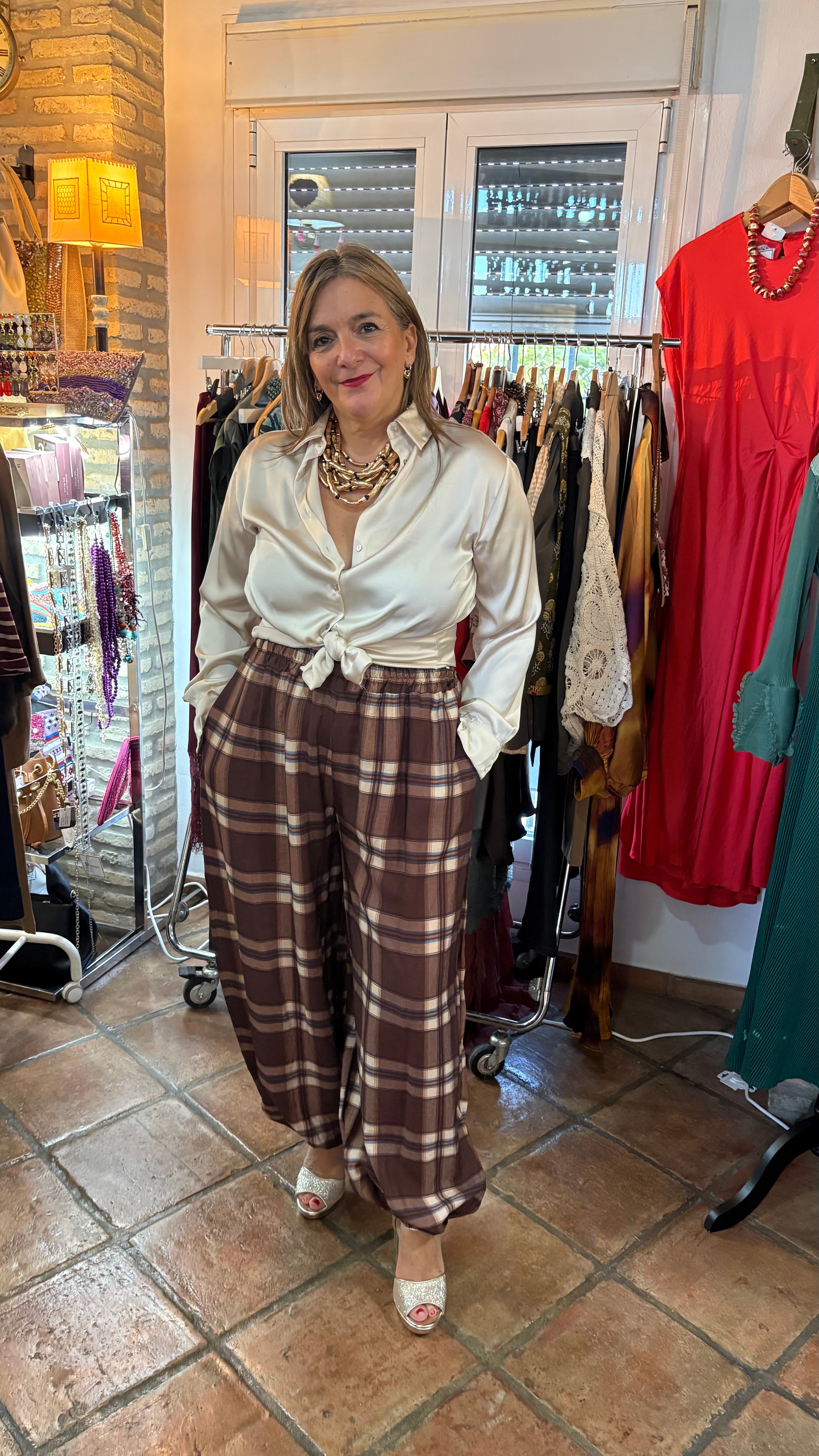 Pantalon globo cuadros  talla unica