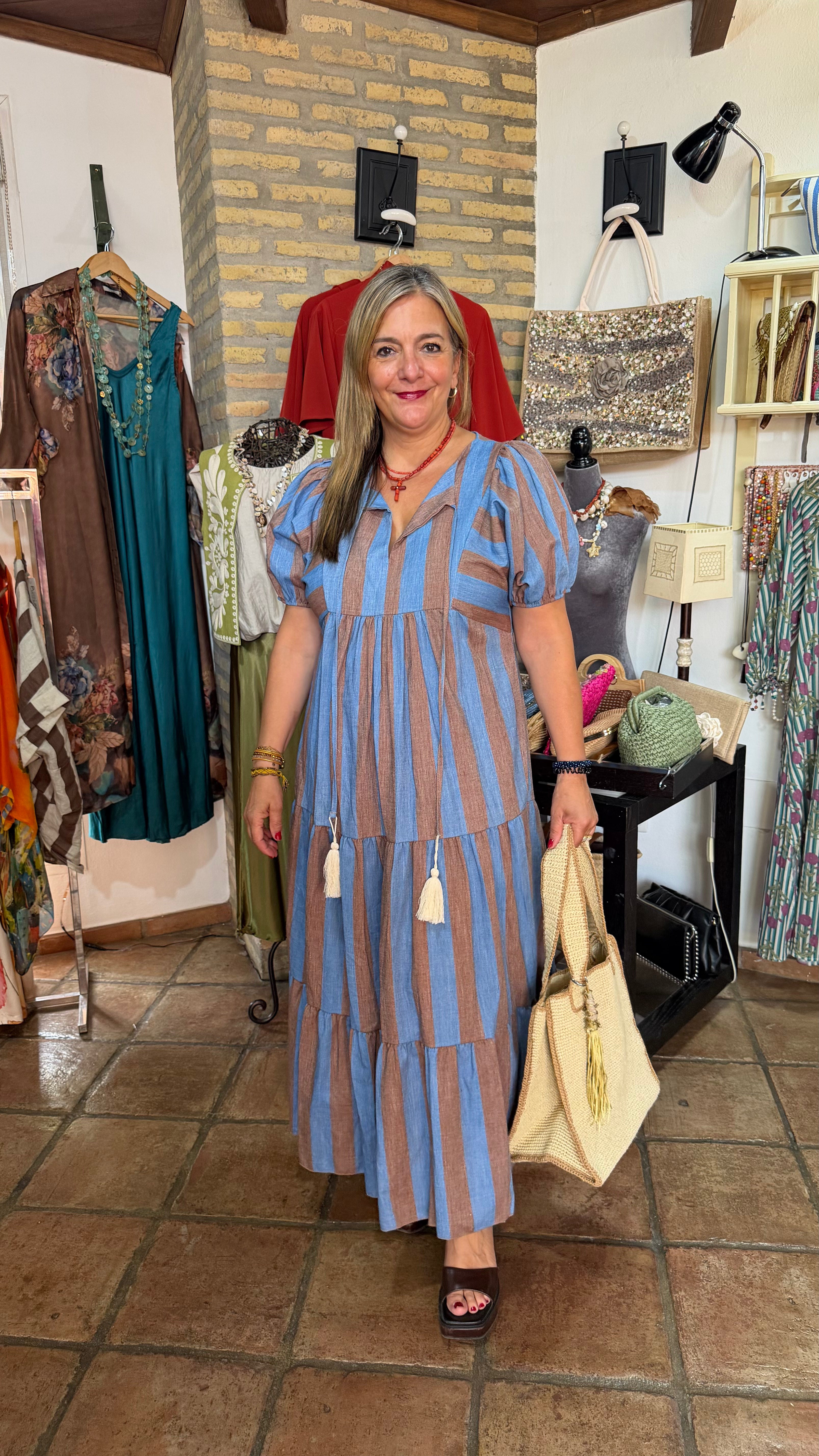 Vestido bicolor azul y marrón