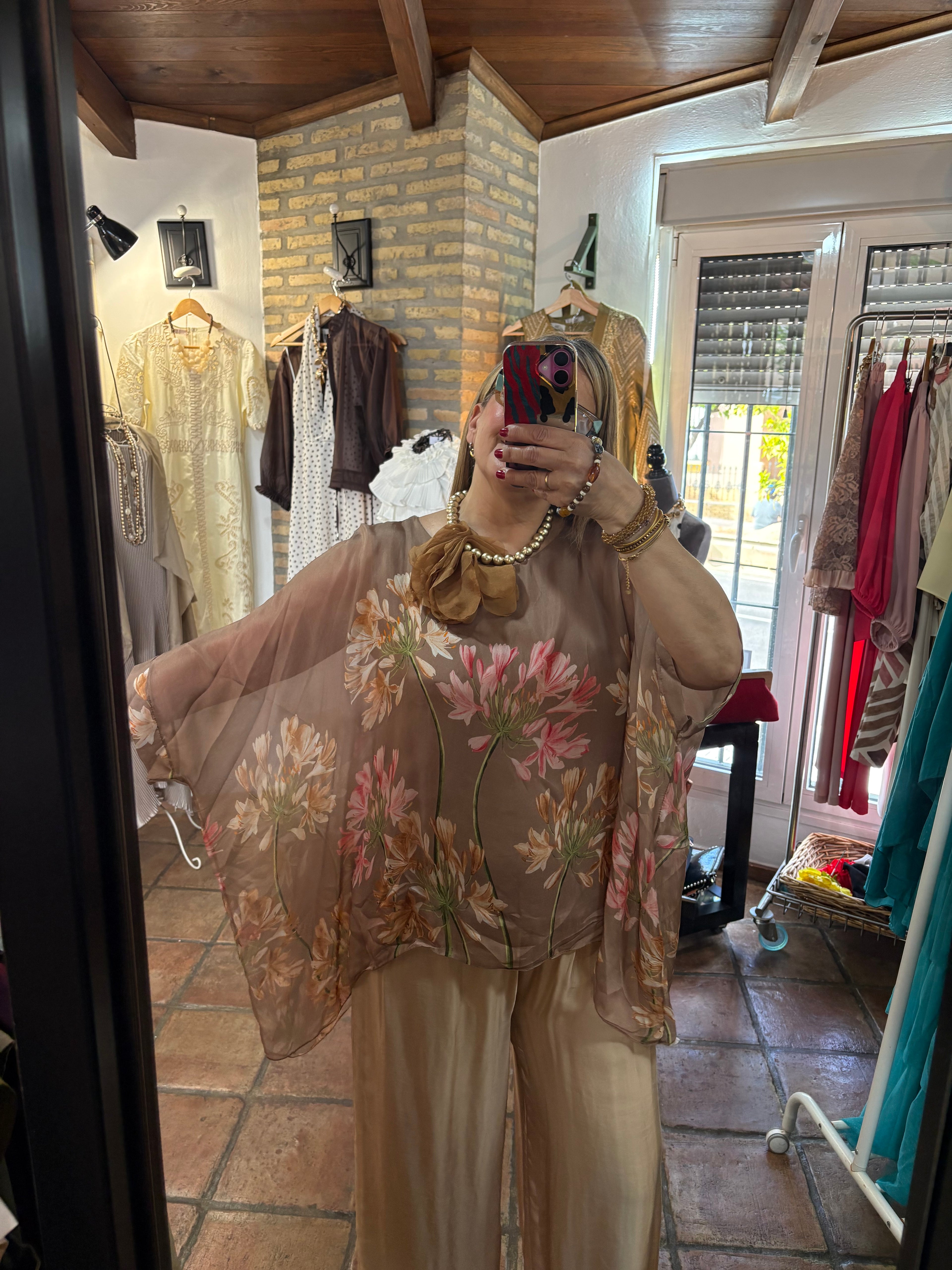 CAMISA SEDA FLORES NUDE