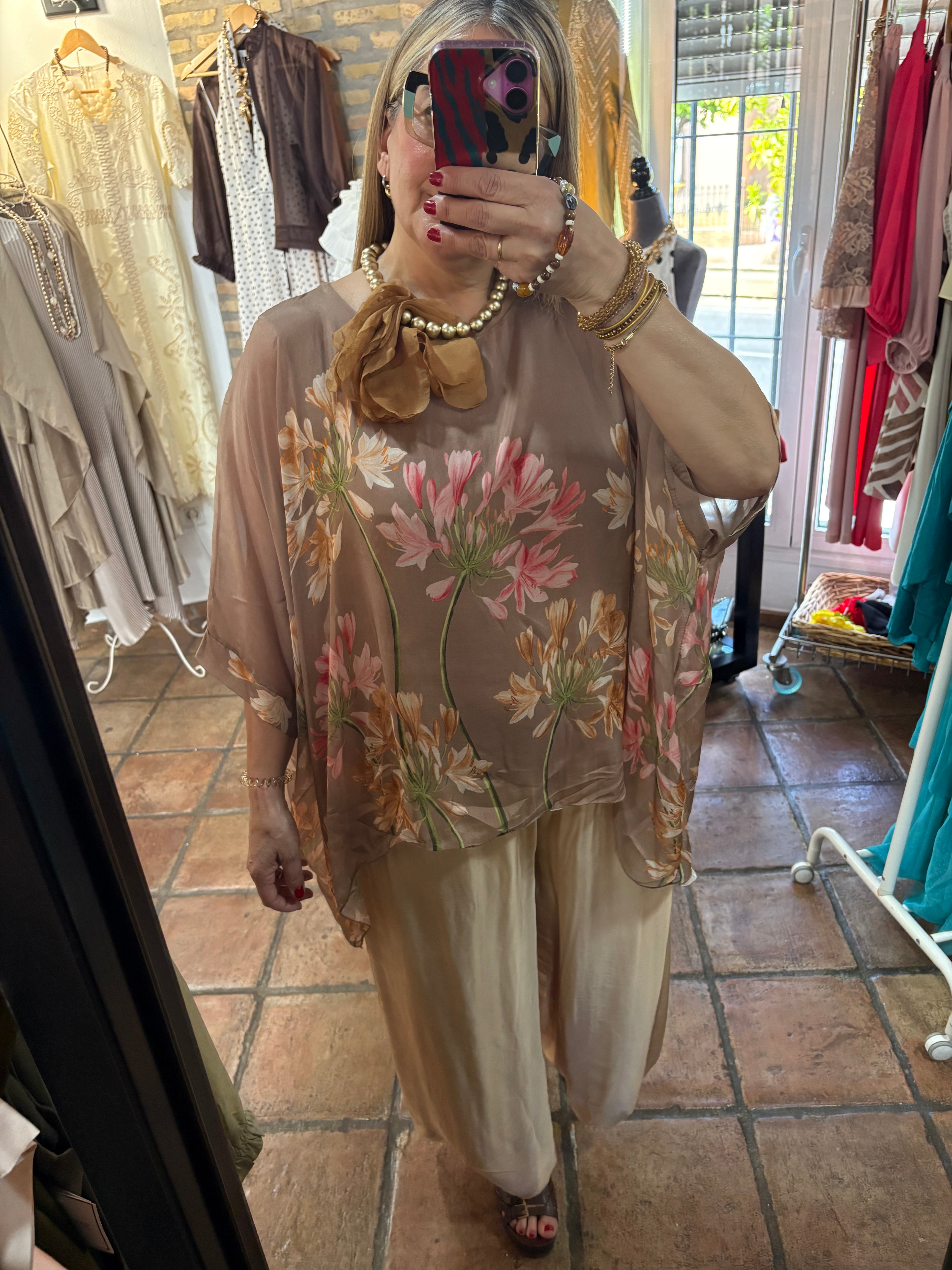 CAMISA SEDA FLORES NUDE