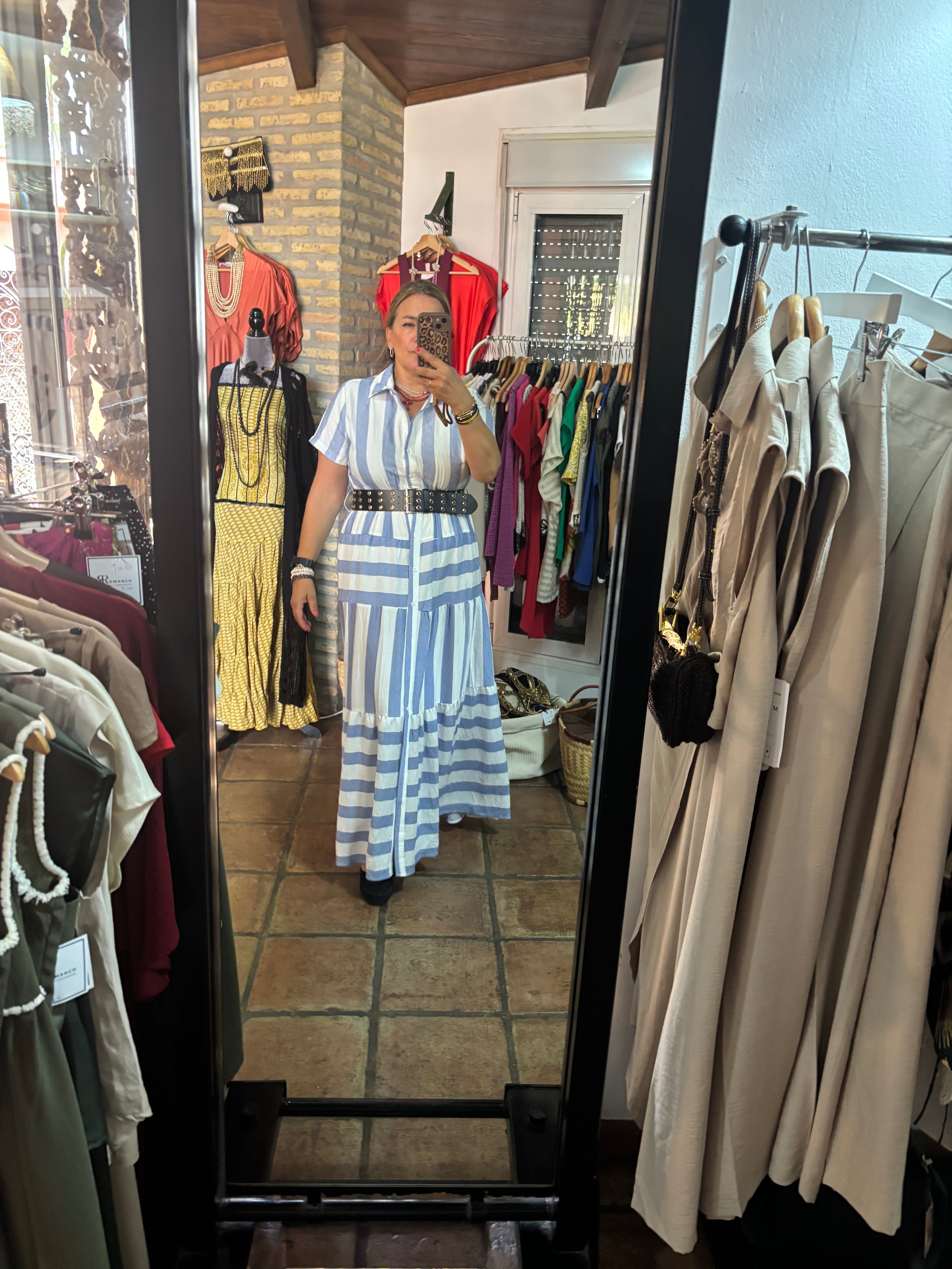 Vestido Camisero rayas celeste y cinturon