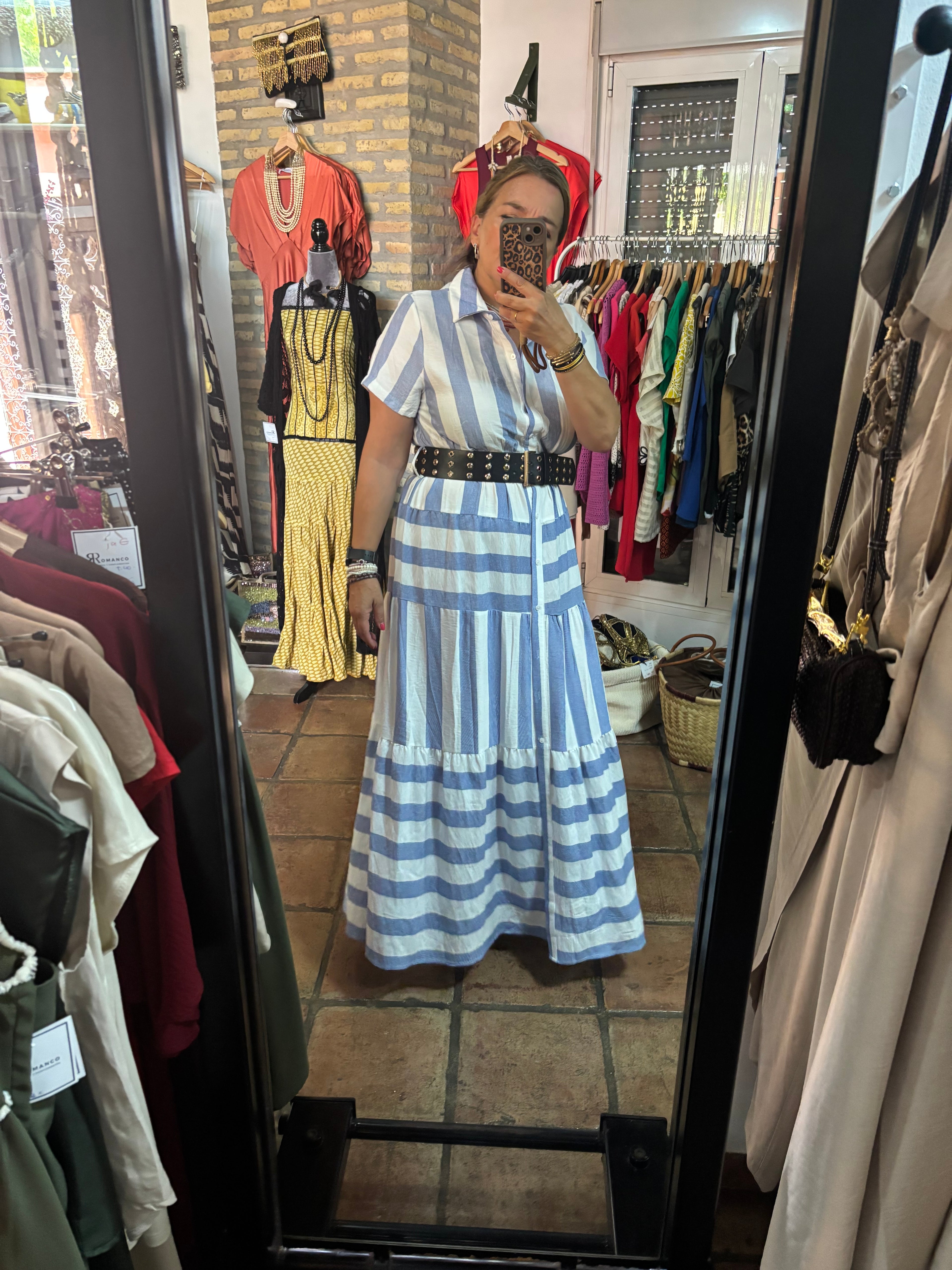 Vestido Camisero rayas celeste y cinturon