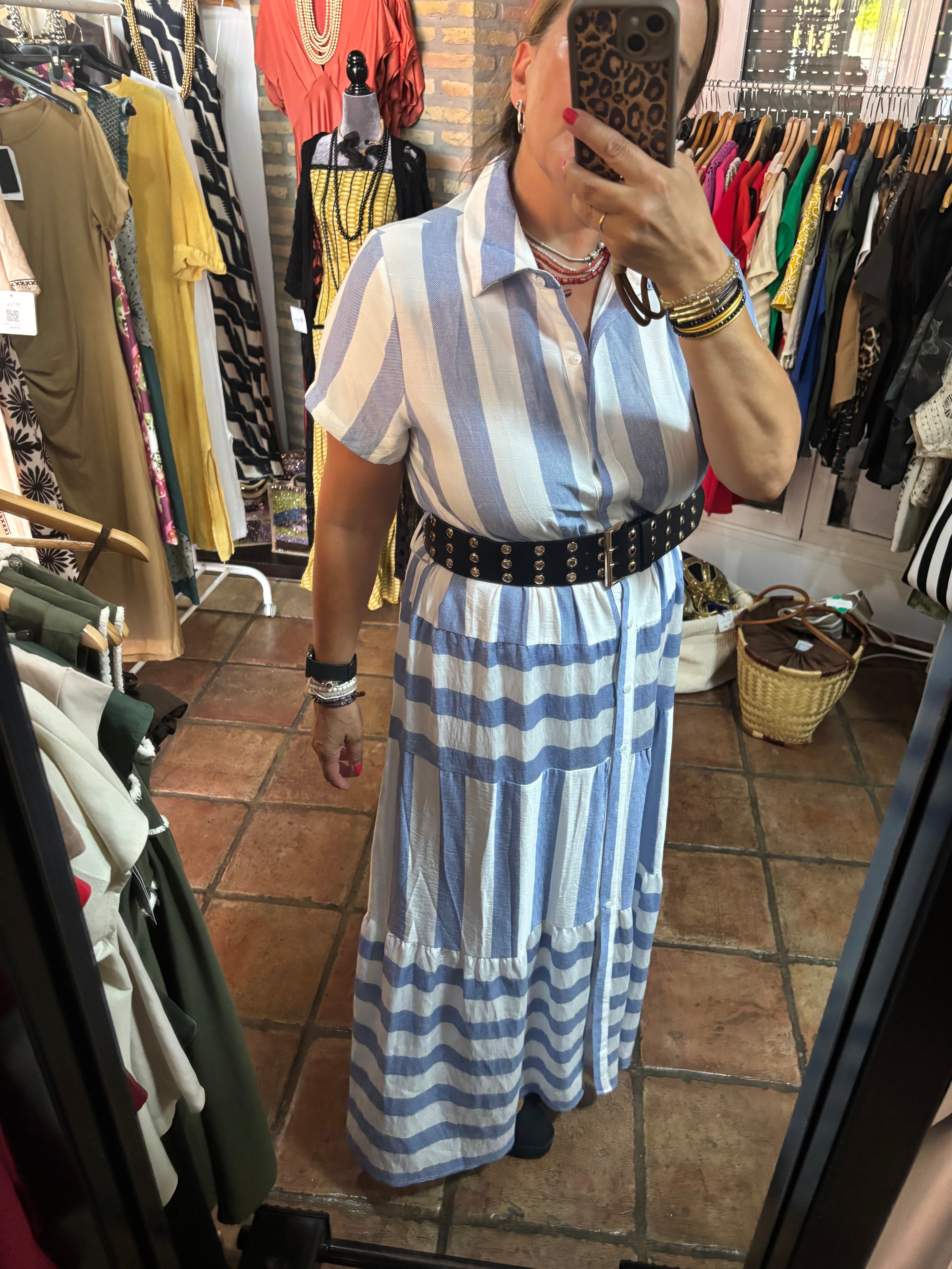 Vestido Camisero rayas celeste y cinturon