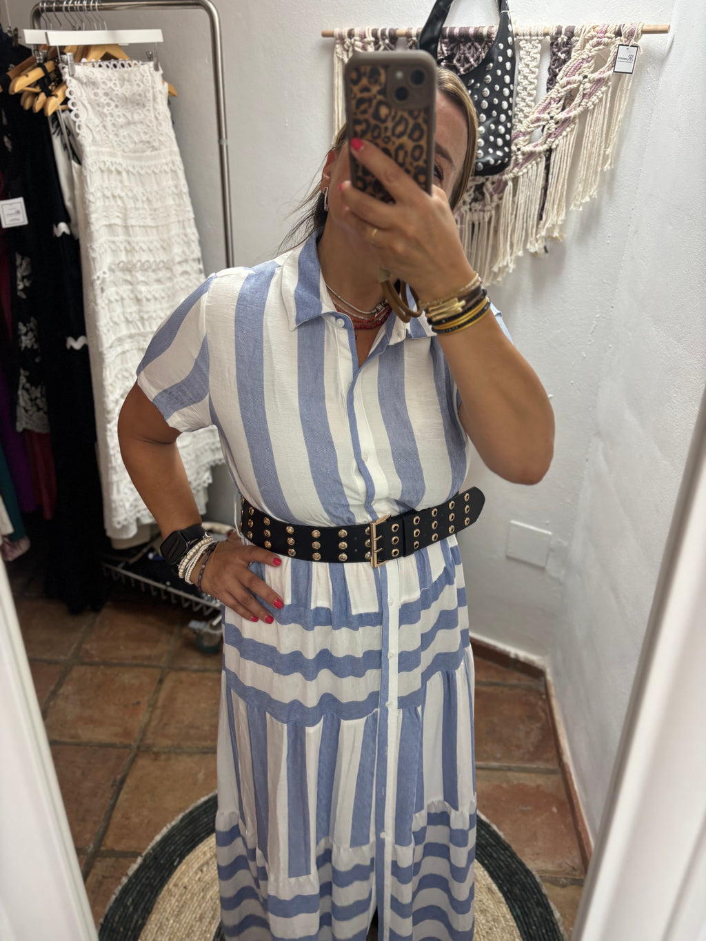 Vestido Camisero rayas celeste y cinturon