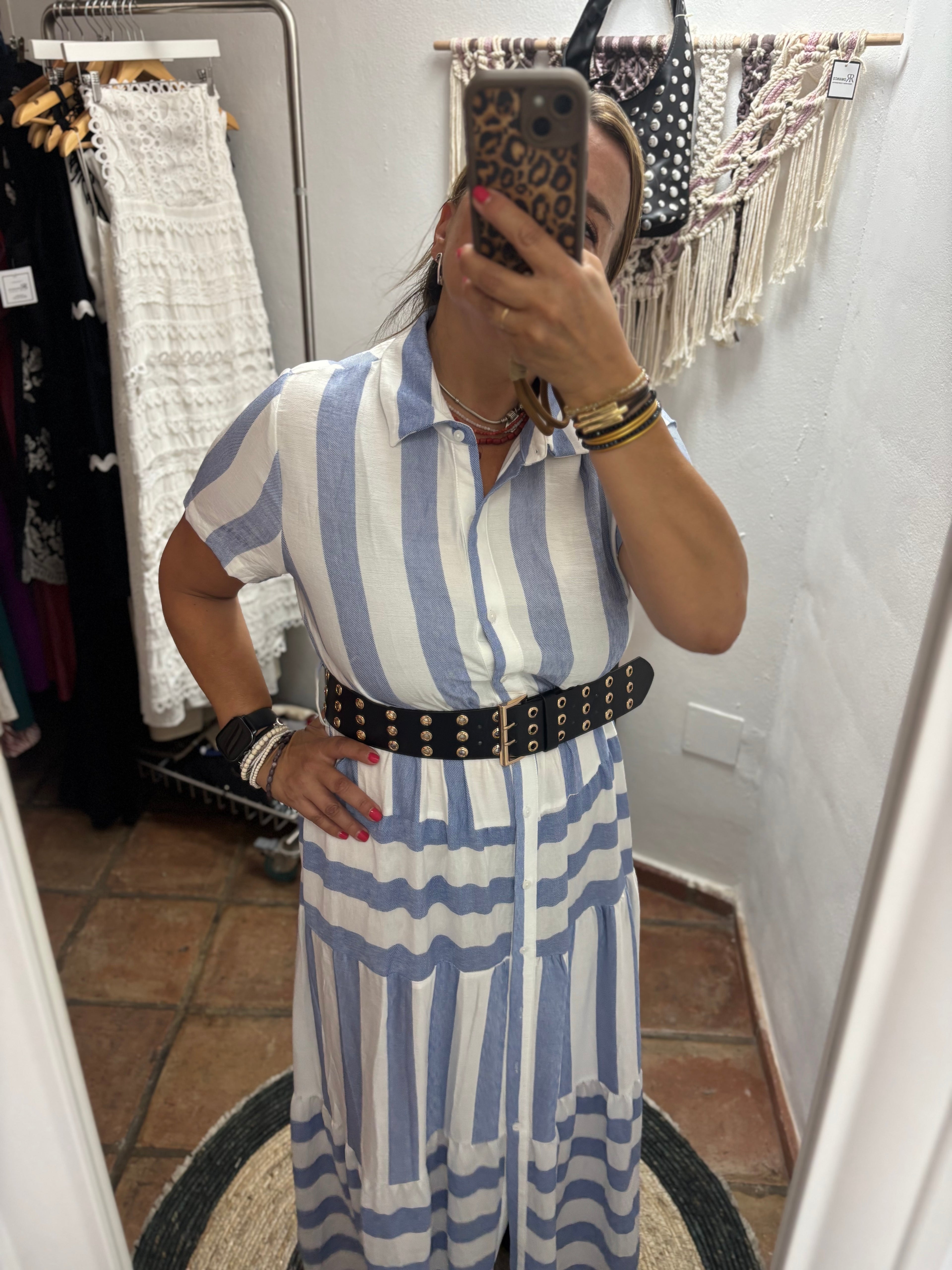 Vestido Camisero rayas celeste y cinturon