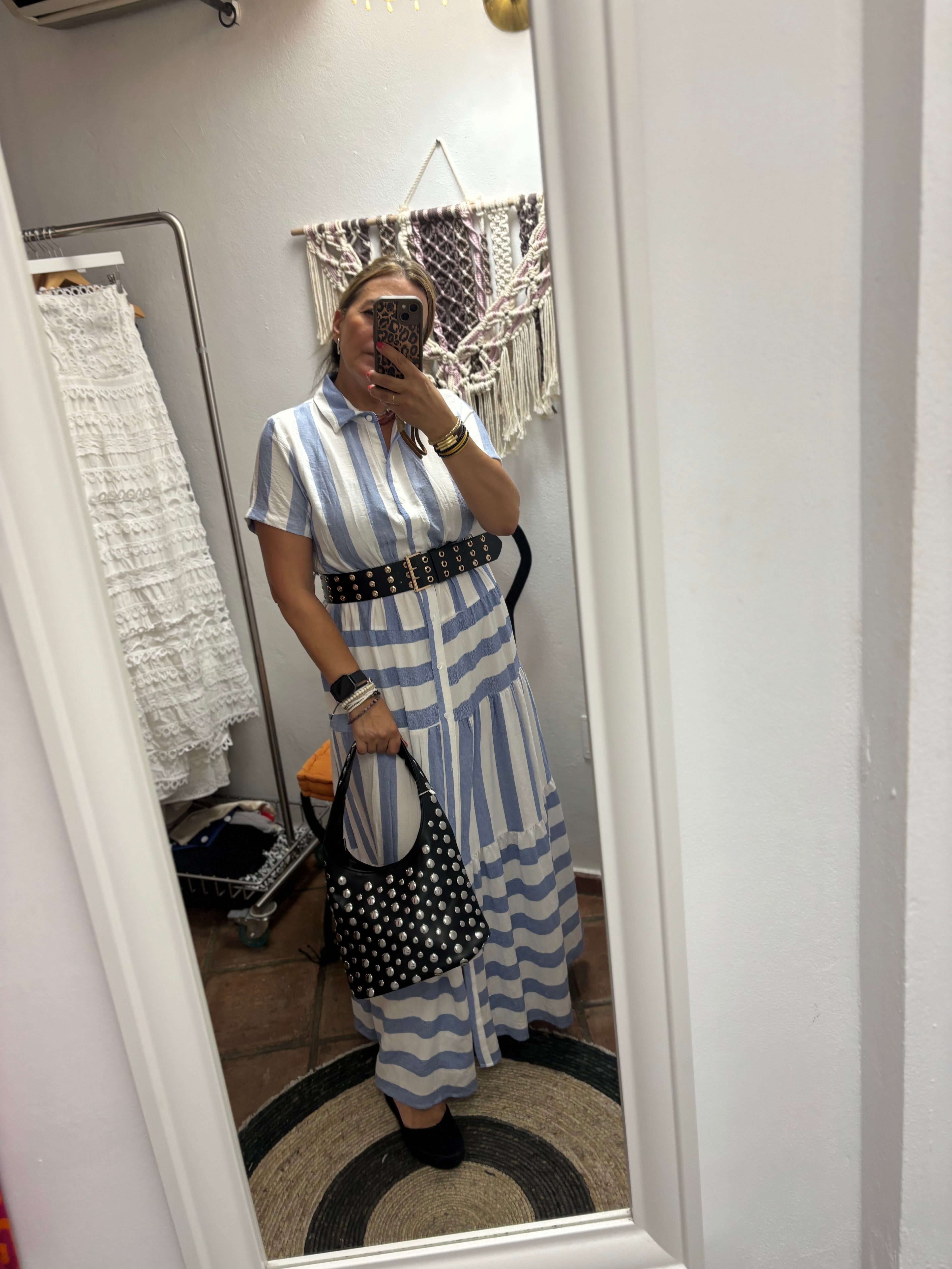 Vestido Camisero rayas celeste y cinturon